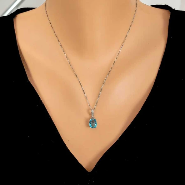 925 Ayar Gümüş Oval Büyük Boy Akuamarin Taşlı Kolye ürün görseli 1