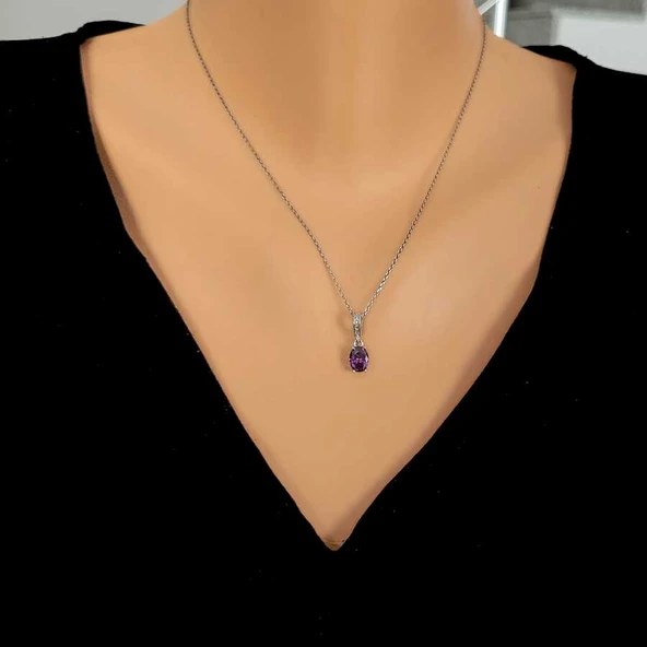 925 Ayar Gümüş Oval Küçük Boy Ametist Taşlı Kolye ürün görseli 1