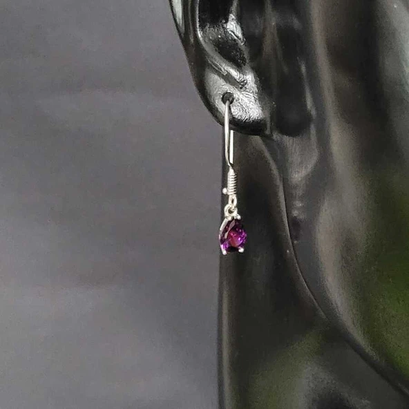 925 Ayar Gümüş Damla Ametist Küçük Boy Küpe - Resim 2