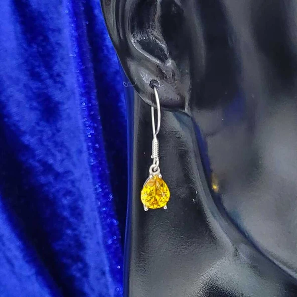 925 Ayar Gümüş Damla Sitrin Taşlı Büyük Boy Küpe - Resim 2