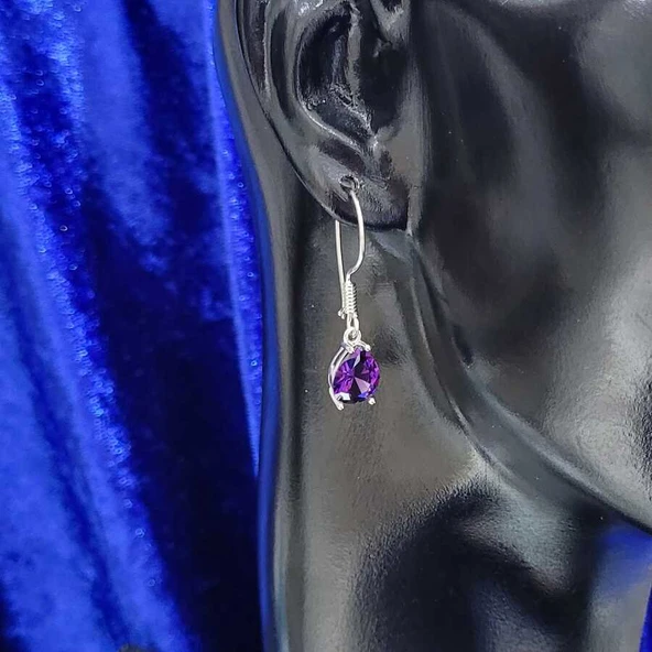 925 Ayar Gümüş Damla Ametist Büyük Boy Küpe - Resim 2