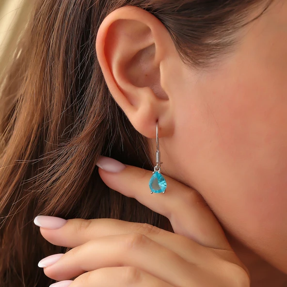 925 Ayar Gümüş Damla Akuamarin Taşlı Büyük Boy Küpe ürün görseli