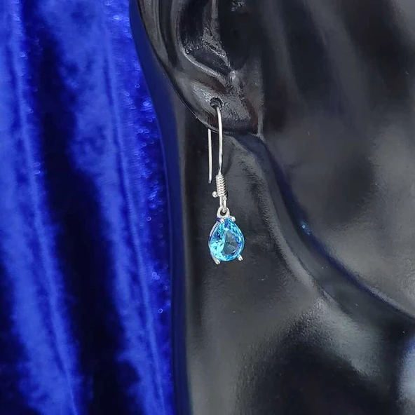 925 Ayar Gümüş Damla Akuamarin Taşlı Büyük Boy Küpe - Resim 3