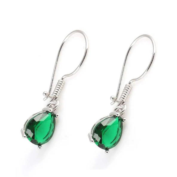 925 Ayar Gümüş Damla Sentetik Zümrüt Taşlı Büyük Boy Küpe - Resim 3