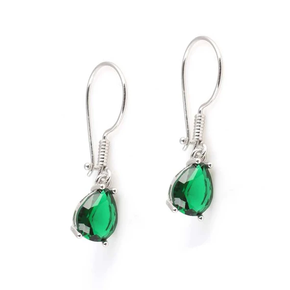 925 Ayar Gümüş Damla Sentetik Zümrüt Taşlı Büyük Boy Küpe - Resim 4