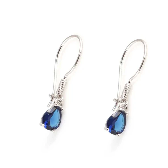 925 Ayar Gümüş Damla Sentetik Safir Taşlı Küçük Boy Küpe - Resim 2