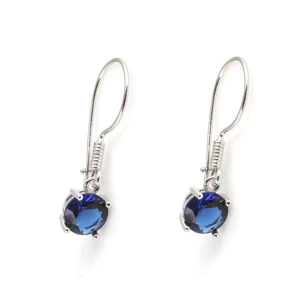 925 Ayar Gümüş Yuvarlak Büyük Boy Sentetik Safir Taşlı Küpe - Resim 3