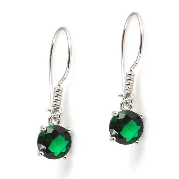 925 Ayar Gümüş Yuvarlak Büyük Boy Sentetik Zümrüt Taşlı Küpe - Resim 2