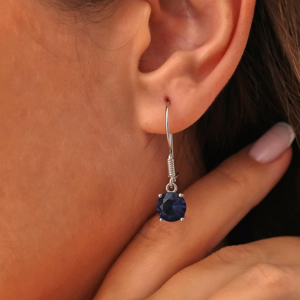 925 Ayar Gümüş Yuvarlak Büyük Boy Sentetik Safir Taşlı Küpe ürün görseli 1