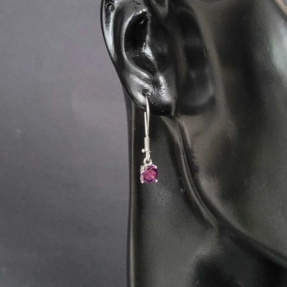 925 Ayar Gümüş Yuvarlak Küçük Boy Ametist Taşlı Küpe - Resim 2