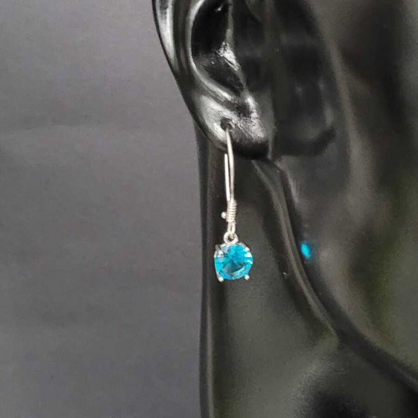 925 Ayar Gümüş Yuvarlak Büyük Boy Akuamarin Taşlı Küpe - 3