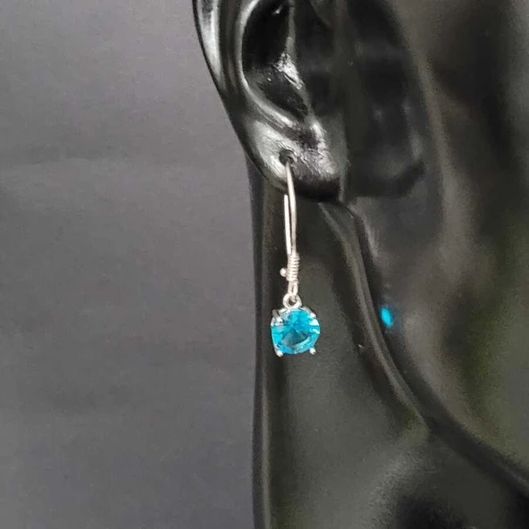 925 Ayar Gümüş Yuvarlak Büyük Boy Akuamarin Taşlı Küpe - Resim 3