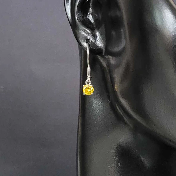 925 Ayar Gümüş Yuvarlak Küçük Boy Sitrin Taşlı Küpe - Resim 2