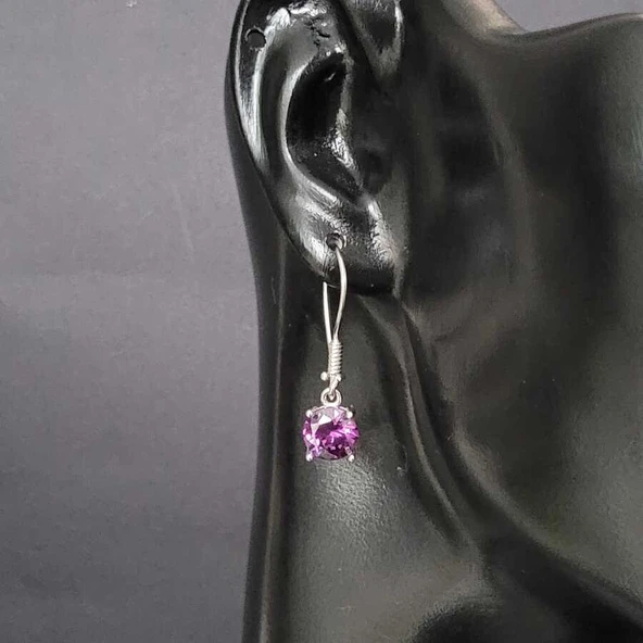 925 Ayar Gümüş Yuvarlak Büyük Boy Ametist Taşlı Küpe - Resim 3