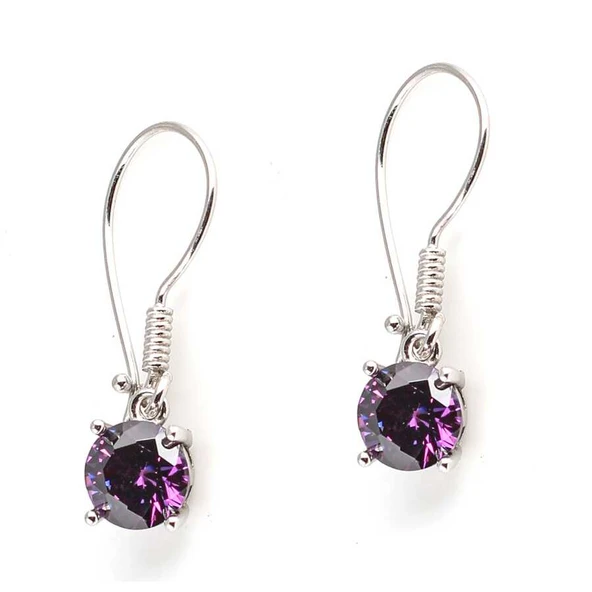 925 Ayar Gümüş Yuvarlak Büyük Boy Ametist Taşlı Küpe - Resim 2