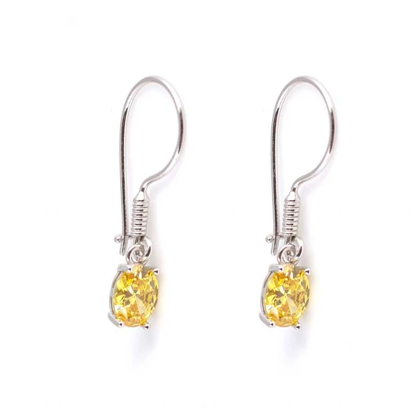 925 Ayar Gümüş Oval Küçük Boy Sarı Sitrin Taşlı Küpe - Resim 4