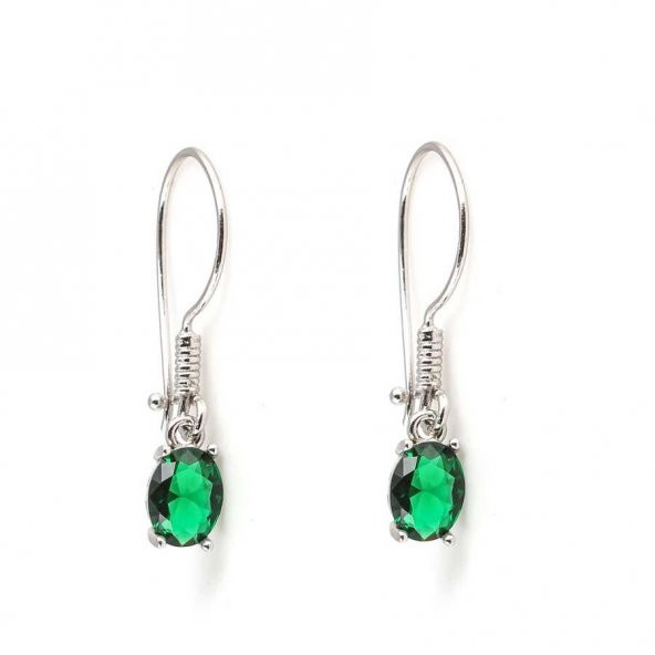 925 Ayar Gümüş Oval Küçük Boy Sentetik Zümrüt Taşlı Küpe - 2