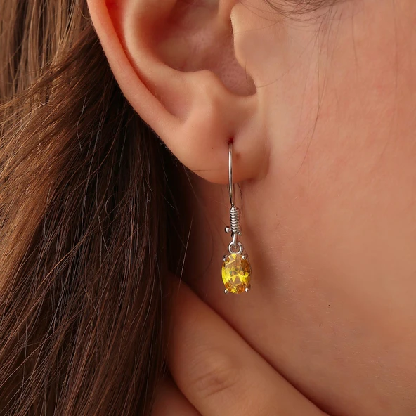 925 Ayar Gümüş Oval Küçük Boy Sarı Sitrin Taşlı Küpe ürün görseli