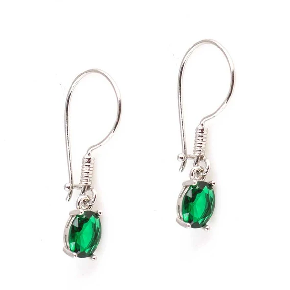 925 Ayar Gümüş Oval Küçük Boy Sentetik Zümrüt Taşlı Küpe ürün görseli 1