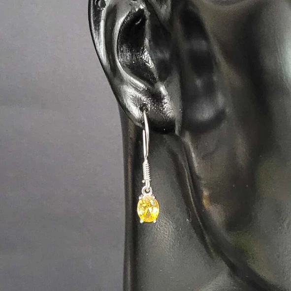 925 Ayar Gümüş Oval Küçük Boy Sarı Sitrin Taşlı Küpe - Resim 5