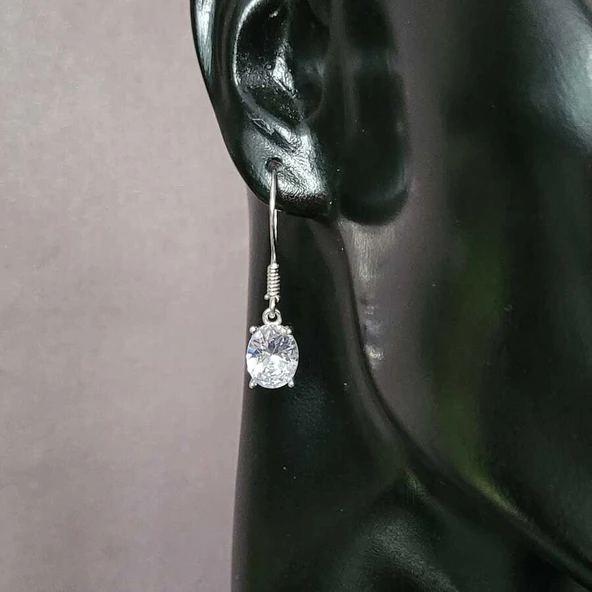 925 Ayar Gümüş Oval Büyük Boy Zirkon Taşlı Küpe - Resim 2