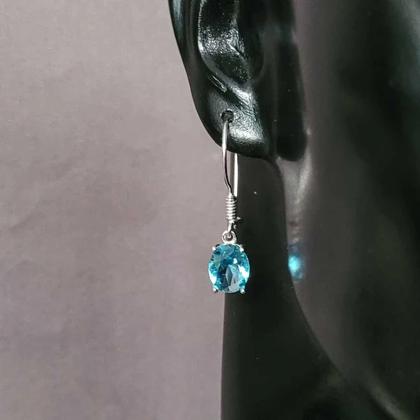 925 Ayar Gümüş Oval Büyük Boy Akuamarin Taşlı Küpe - Resim 2