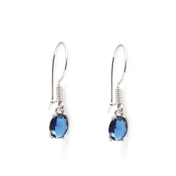 925 Ayar Gümüş Oval Küçük Boy Sentetik Safir Taşlı Küpe - Resim 3