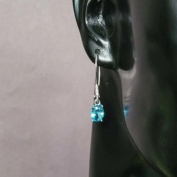 925 Ayar Gümüş Oval Küçük Boy Akuamarin Taşlı Küpe - Resim 3