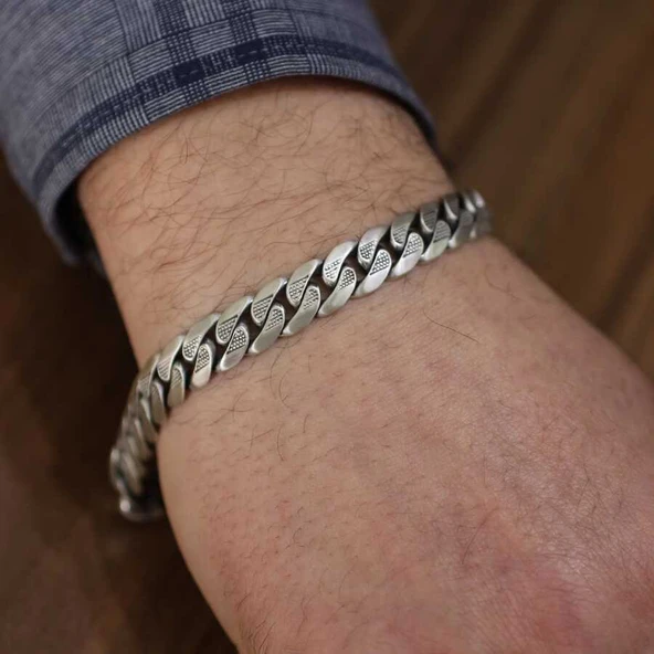 925 Ayar Gümüş Gurmet İşlemeli Mat Zincir Bileklik ürün görseli 1