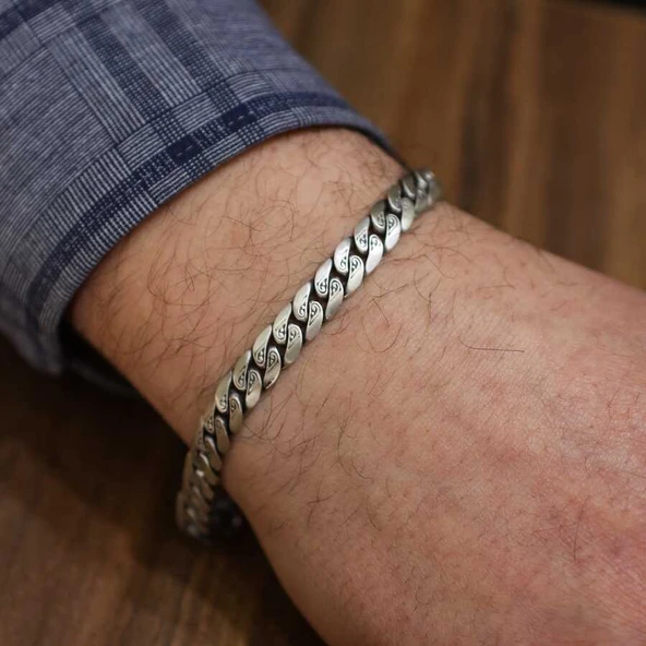 925 Ayar Gümüş Ortası İşlemeli Gurmet Mat Zincir Bileklik ürün görseli 1