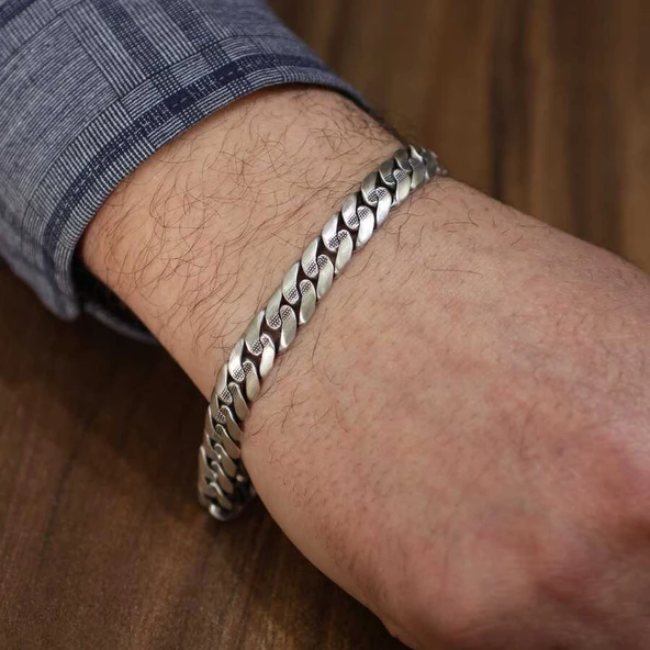 925 Ayar Gümüş Ortası Oluklu İşlemeli Mat Gurmet Zincir Bileklik ürün görseli 1