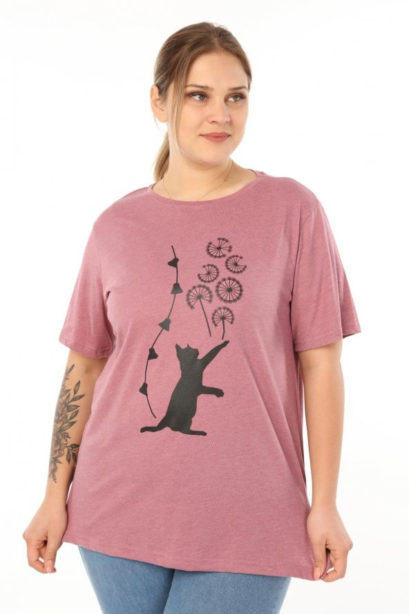 PianoLuce Kadın Büyük Beden Baskılı Yarım Kol T-shirt Açıkbordo PLWM21TS008