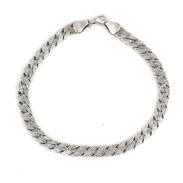 925 Ayar Gümüş Yaprak Desenli Oval Gurmet Mat Zincir Bileklik - Resim 2