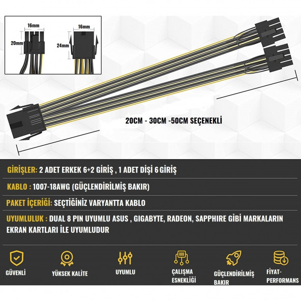 20CM 6 Pın Dişi - 2 Adet Pcı-E (62) 8 Pın Erkek Power Kablo Çoklayıcı Psu Splitter AA162 - 4