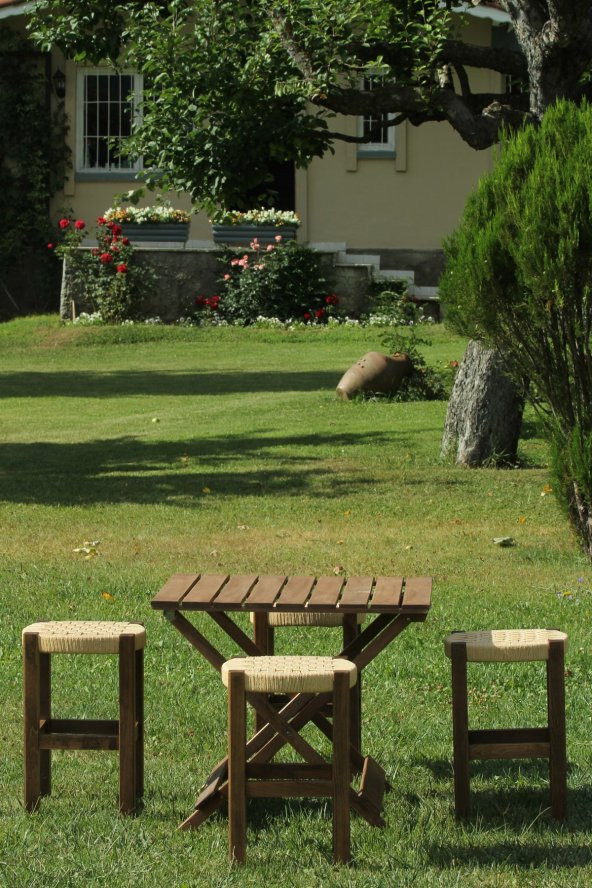 Ceviz Rengi Ahşap Hasır Örgülü Büyük Boy Tabure - 2
