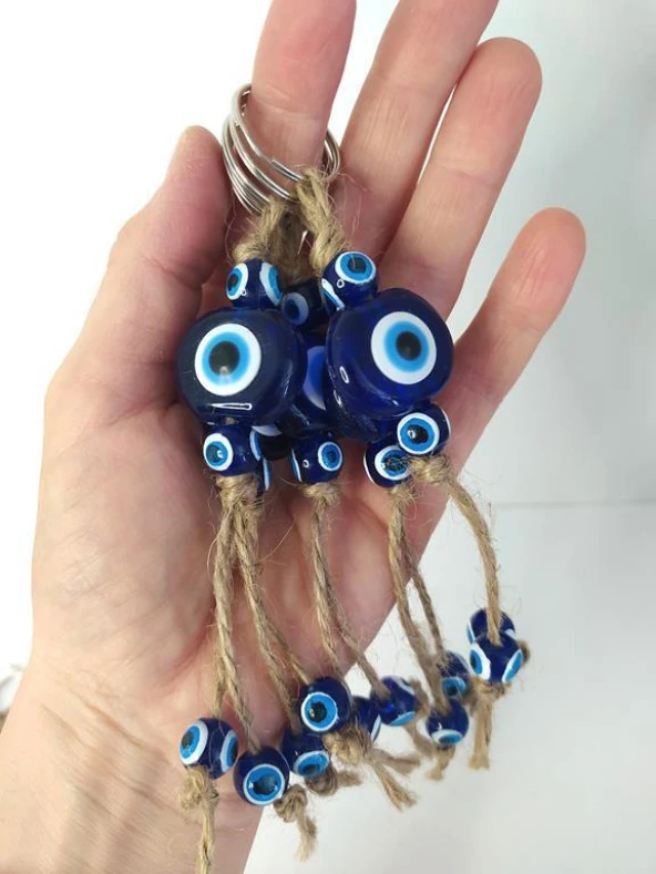 Nazar Boncuk Anahtarlık 5 Adet Kötü Göz Kovucu Nazar Hand Made Hasır Mavi Boncuklu Nazarlı Araba Süsü - 4