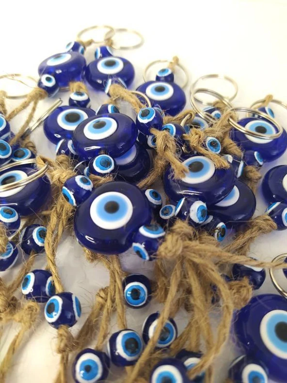 Nazar Boncuk Anahtarlık 20 Adet Kötü Göz Kovucu Nazar Hand Made Hasır Mavi Nazarlı Araba Süsü - 2