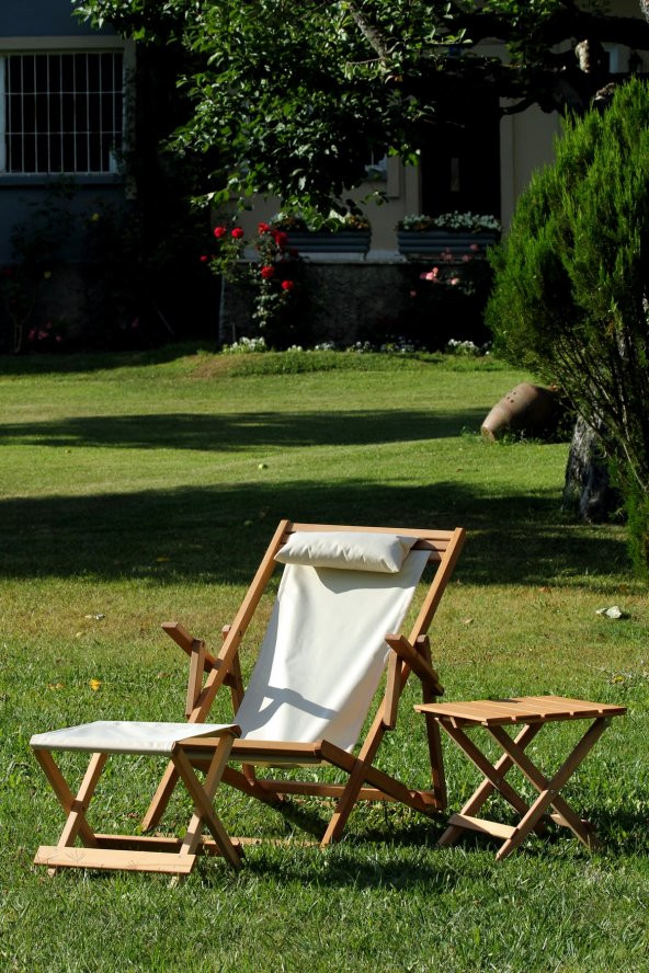 Krem Suya Dayanıklı Minderli ve  Ayak Uzatma Tabureli Katlanır Ahşap Şezlong - 3