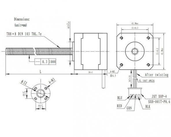 Nema 17 200 Adım 4Pin Step Motor 42×38mm 18cm Vidalı H/Bi 1.8C 3,7kg-cm 1.7A 2.8V - 4