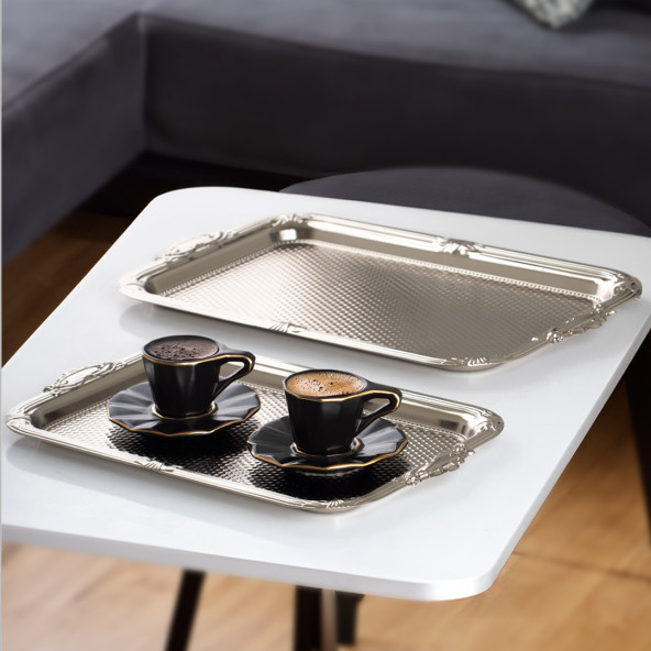 Porsima 3331 Paslanmaz Çelik Tepsi Beyaz -Çay Kahve İkram Sunum Servis Tepsi Seti- 2'li Dikdörtgen