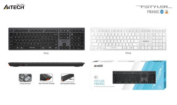 A4 TECH FBX50C Q BLUETOOTH M.M KLAVYE,BEYAZ,ŞARJLI - 2