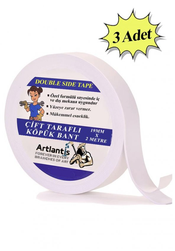Çift Taraflı Bant Köpük Bant 19mm x 2mt 3 Adet Çerçeve Tablo Halı Yapıştırma Bandı İç Ve Dış Mekan Süper Güçlü Köpük Bant