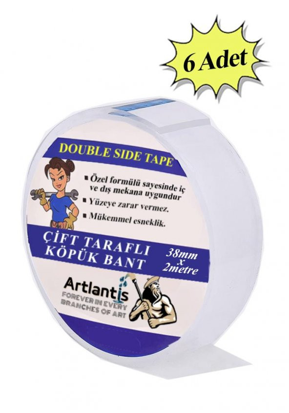 Çift Taraflı Bant Köpük Bant 38mm x 2mt 6 Adet Çerçeve Tablo Halı Yapıştırma Bandı İç Ve Dış Mekan Süper Güçlü Köpük Bant