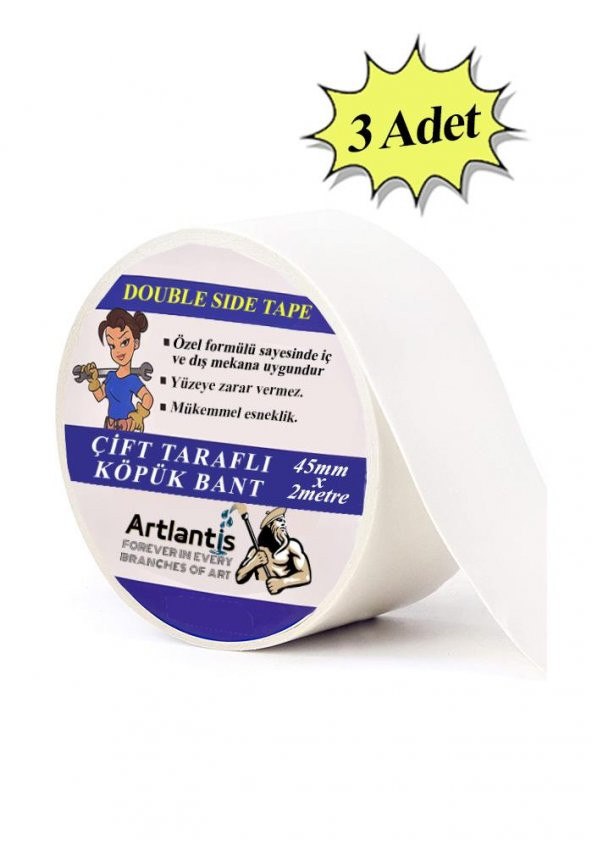 Çift Taraflı Bant Köpük Bant 45mm x 2mt 3 Adet Çerçeve Tablo Halı Yapıştırma Bandı İç Ve Dış Mekan Süper Güçlü Köpük Bant