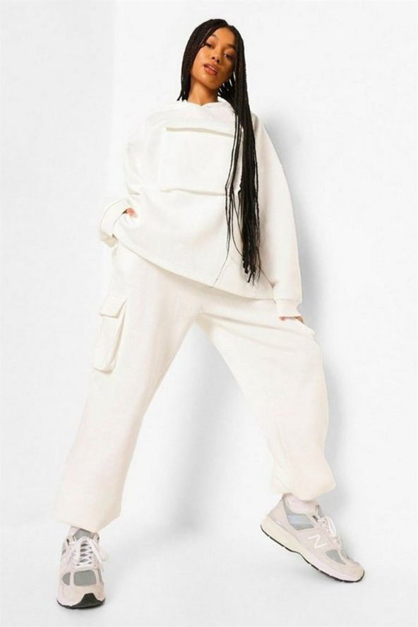 Beyaz Postacı Cepli Oversize Geniş Kol Kadın Kapüşonlu Sweatshirt 5011_2010