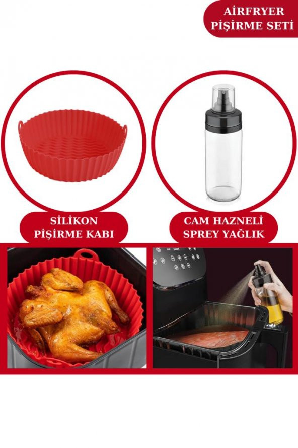 Onikiden Silicolife Airfryer Silikon Pişirme Kabı ve Sprey Cam Yağlık 245cc - Tüm Hava Fritözleriyle Uyumlu