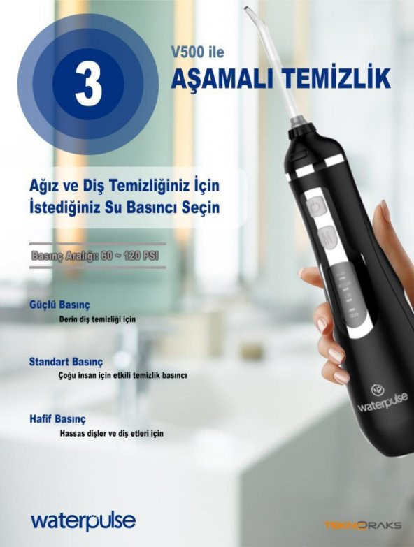WaterPulse WP-V500-B Water Flosser Taşınabilir, Şarjlı, Masajlı, Diş/Protez Bakım ve Ağız Duşu - 4