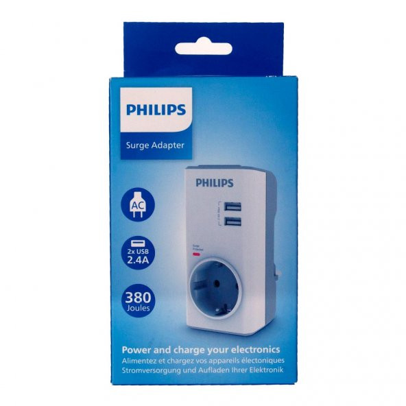 Philips CHP4010W Tekli Akım Koruma Priz, 380J, 2x USBA, Max 2.4A, Beyaz