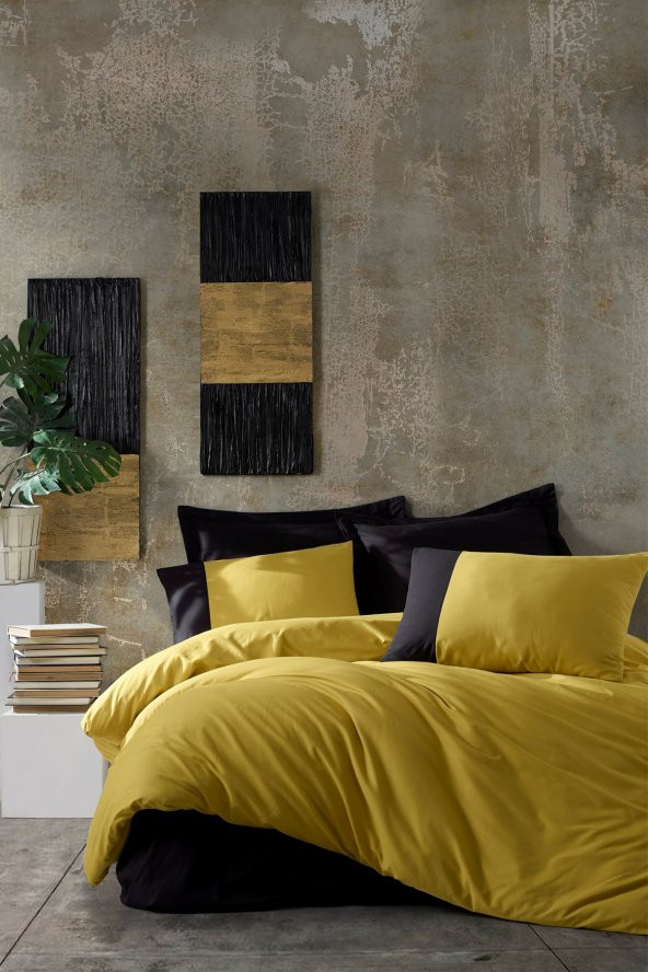 Plain Çift Kişilik Nevresim Takımı Hardal - Siyah