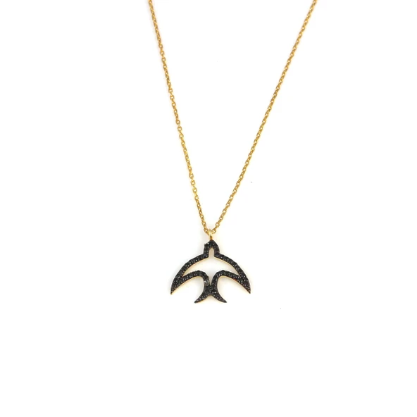 925 Ayar Gümüş Siyah Taşlı Kırlangıç Model Kolye - Resim 2